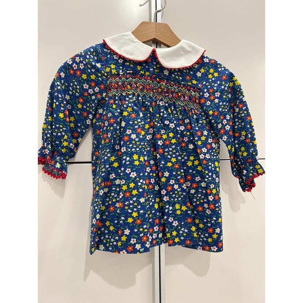 Vintage Polly Flinders Dress 3T Hand Smocked Blue Floral Cotton Toddler Girls